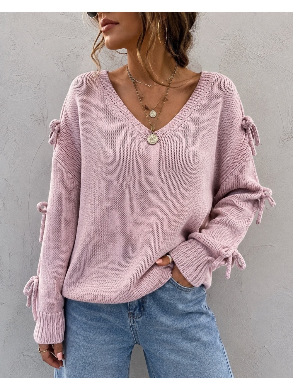Hollister Pink Knit V-Neck Sweater with Sleeve Bows, Size Medium